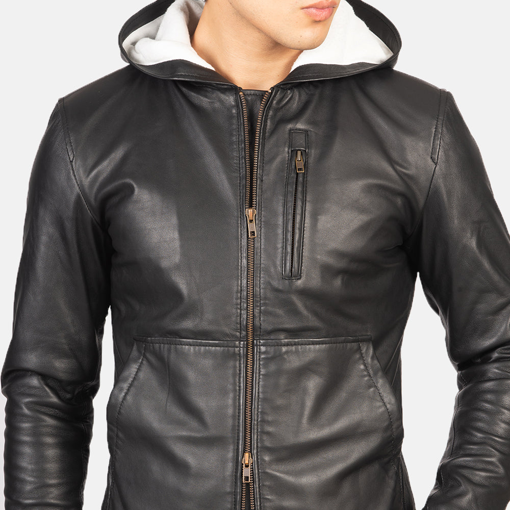 Mens Black Hooded Leather Bomber Jacket