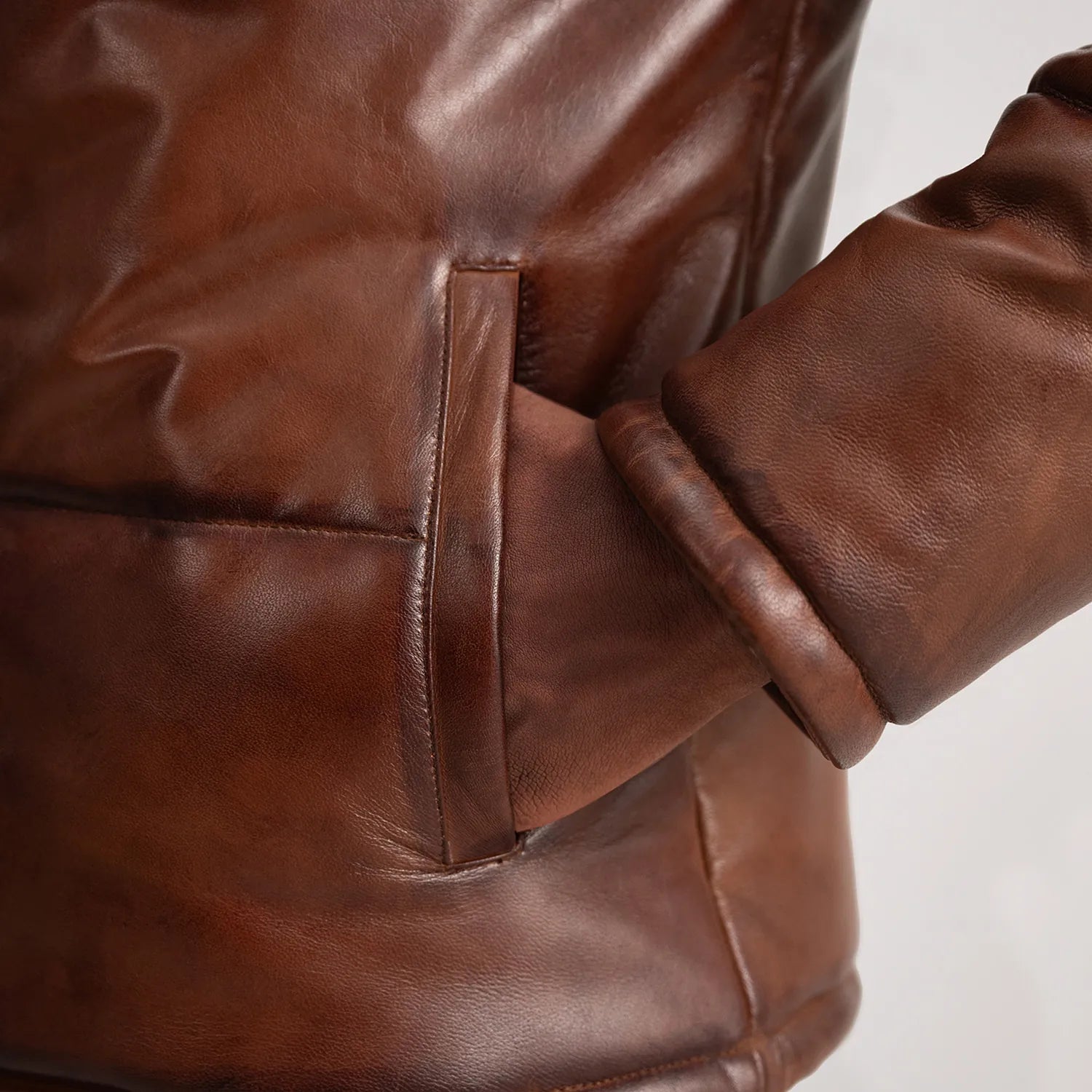 Mens Waxed Brown Hooded Leather Puffer Jacket