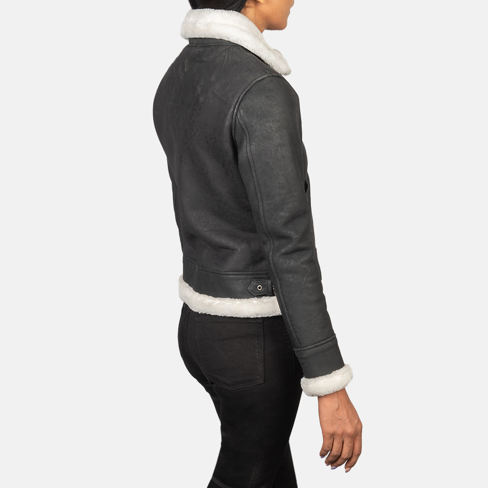 Women B3 Black & White Leather Bomber Jacket