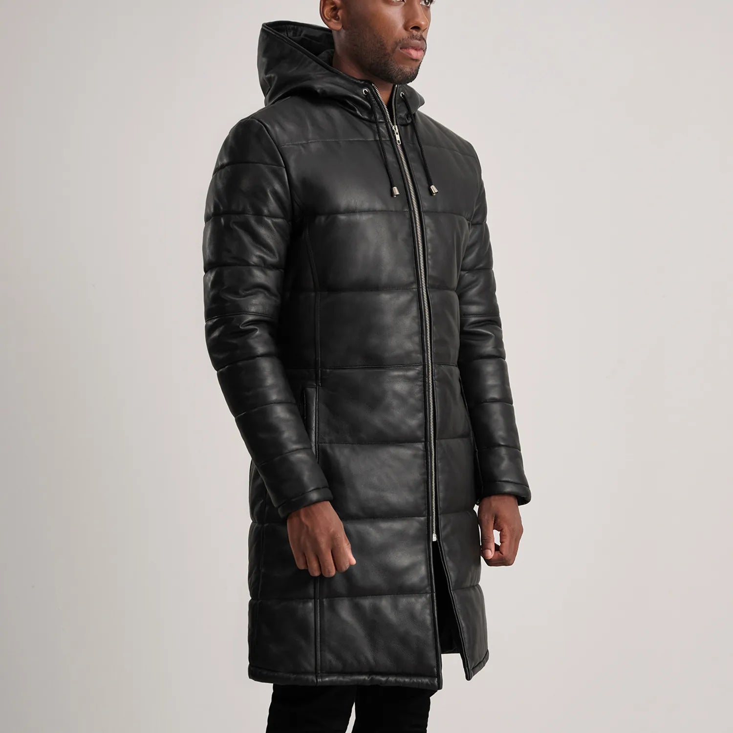 Mens Black Hooded Leather Puffer Coat