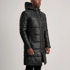 Mens Black Hooded Leather Puffer Coat
