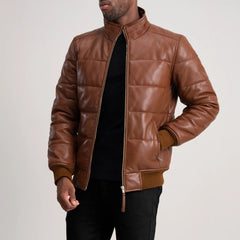 Brown Leather Puffer Bomber Jacket FOR MEN