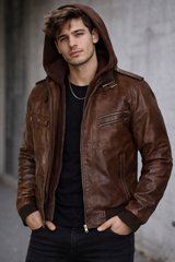 Café Racer Handmade Brown Leather Jacket with Removable Hood -  Men's Motorcycle Slimfit Removable Hooded Leather Jacket