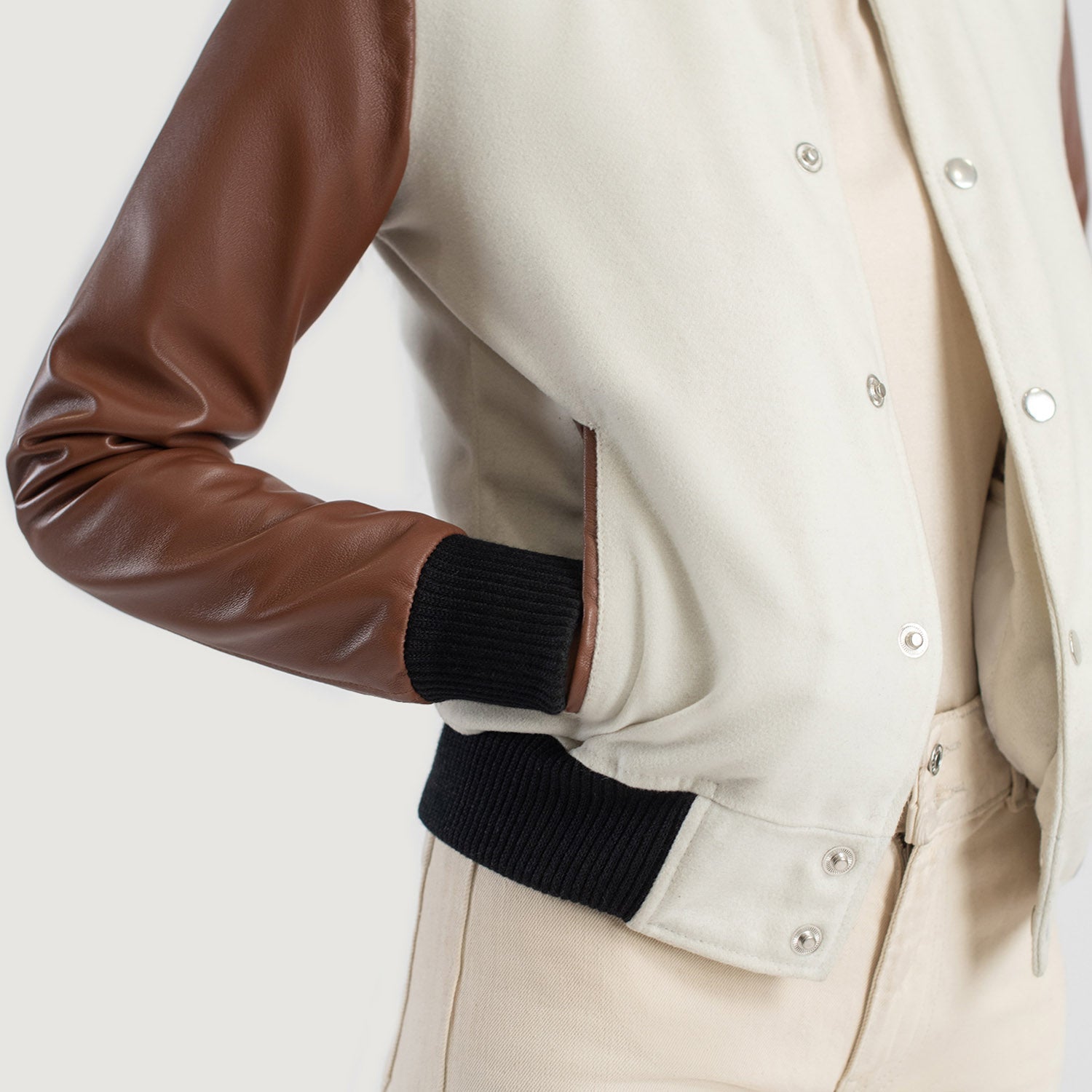 Women Savant White & Brown Hybrid Varsity Leather Jacket