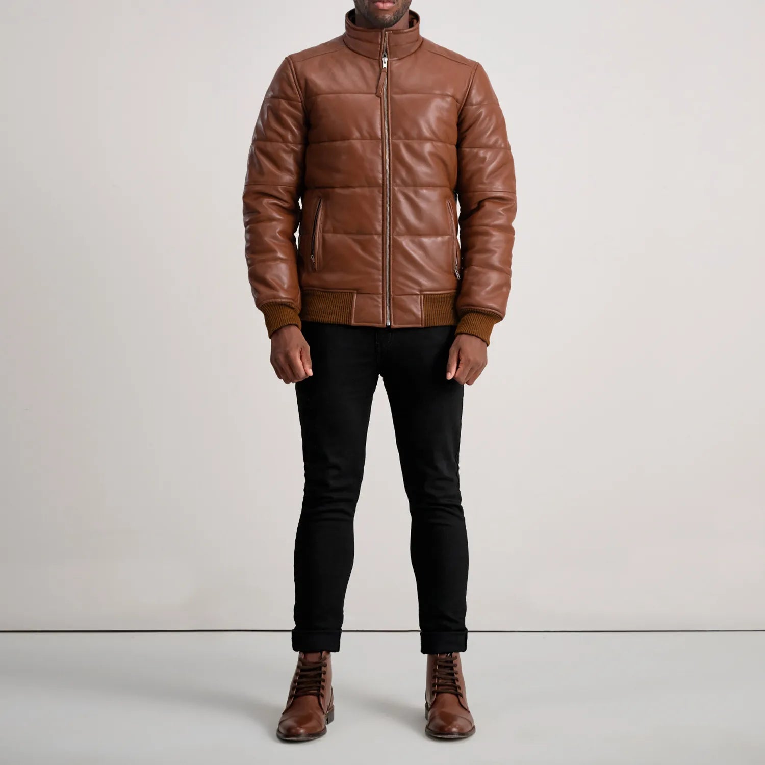 Brown Leather Puffer Bomber Jacket FOR MEN