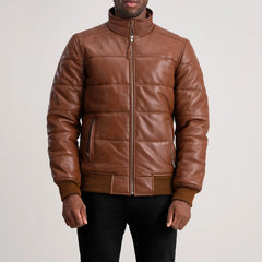 Brown Leather Puffer Bomber Jacket FOR MEN