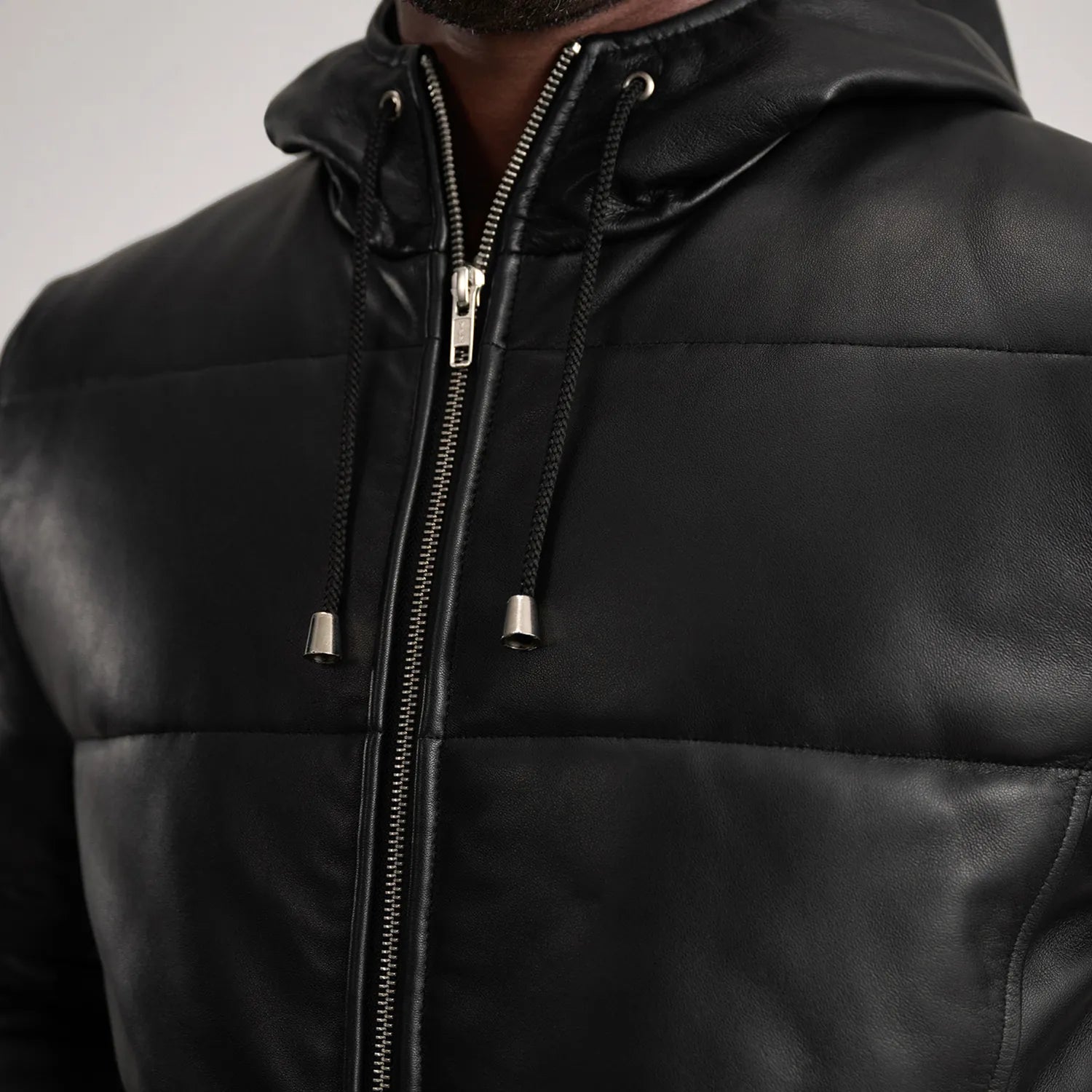 Mens Black Hooded Leather Puffer Coat