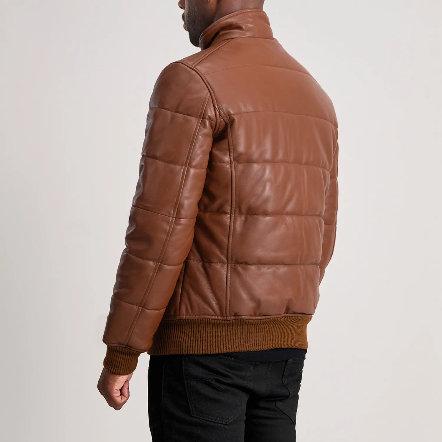 Brown Leather Puffer Bomber Jacket FOR MEN