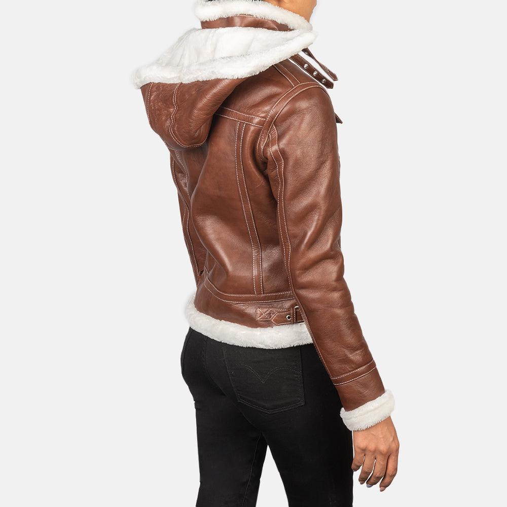 Women Brown Hooded Shearling stylish Leather Jacket