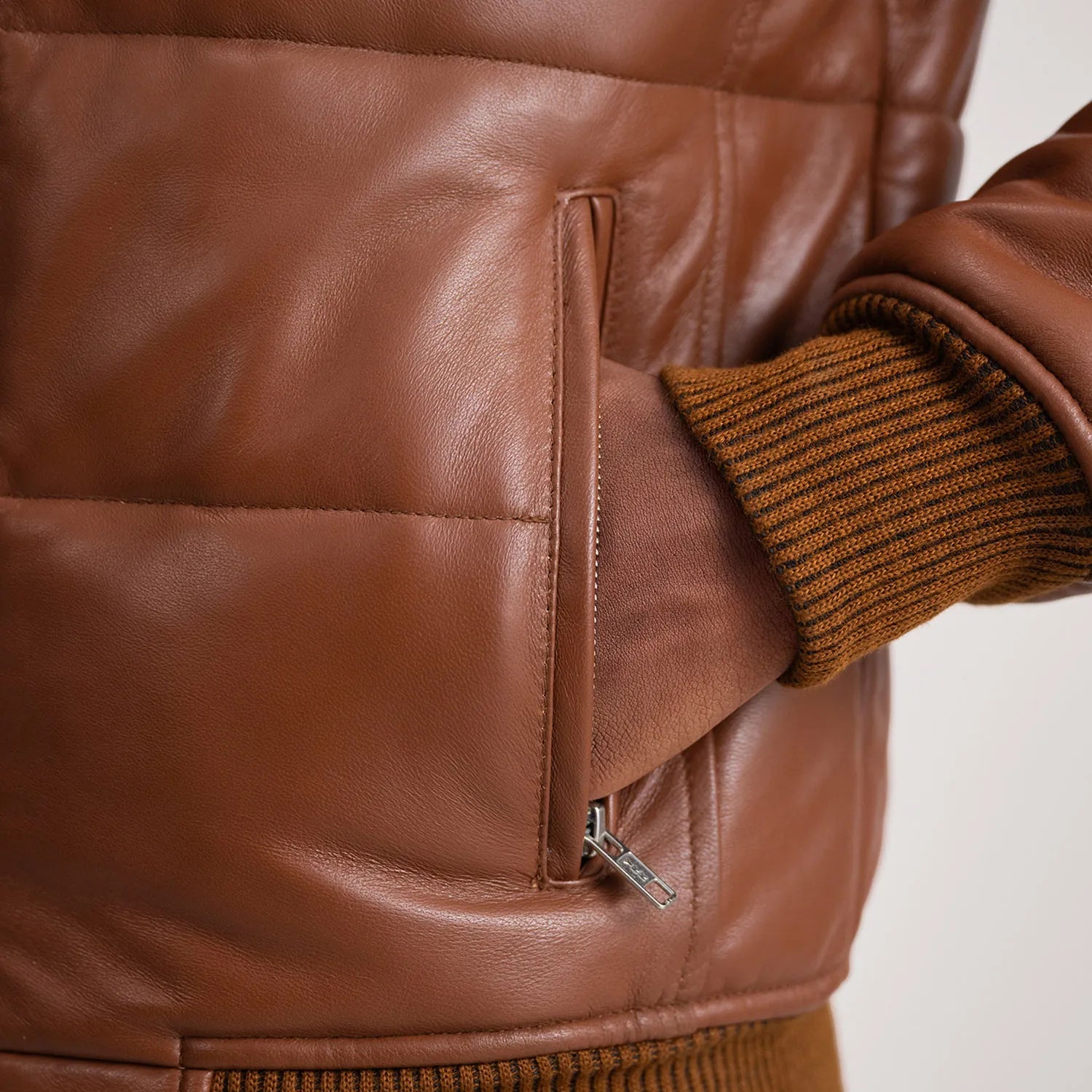 Brown Leather Puffer Bomber Jacket FOR MEN