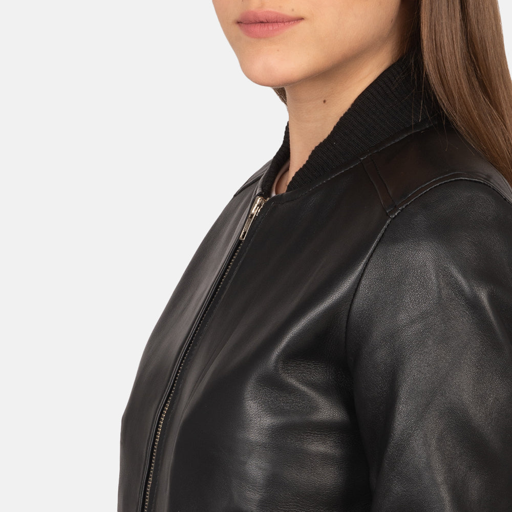 Women Black Leather Bomber Jacket