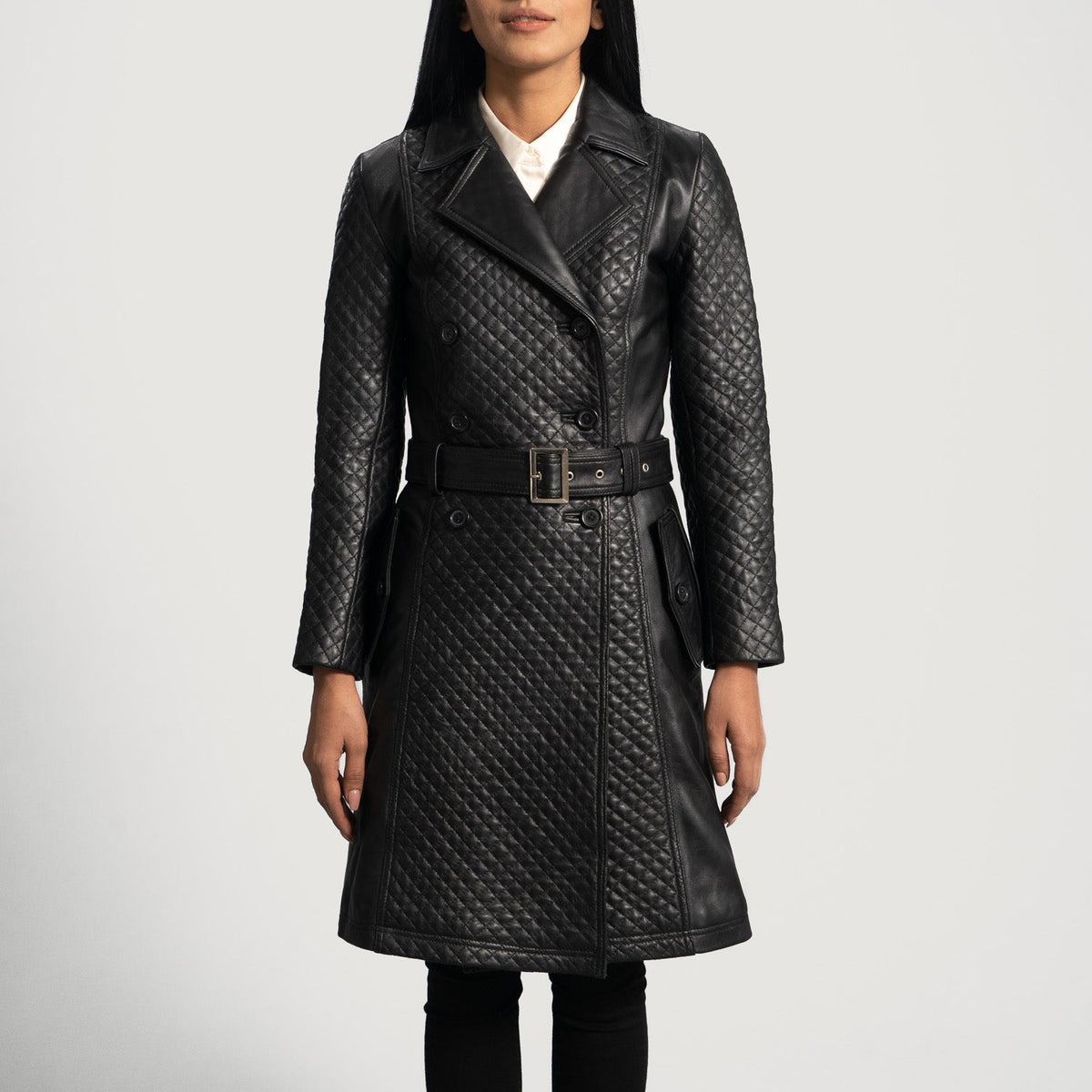 Women Sweet Black Leather Trench Coat