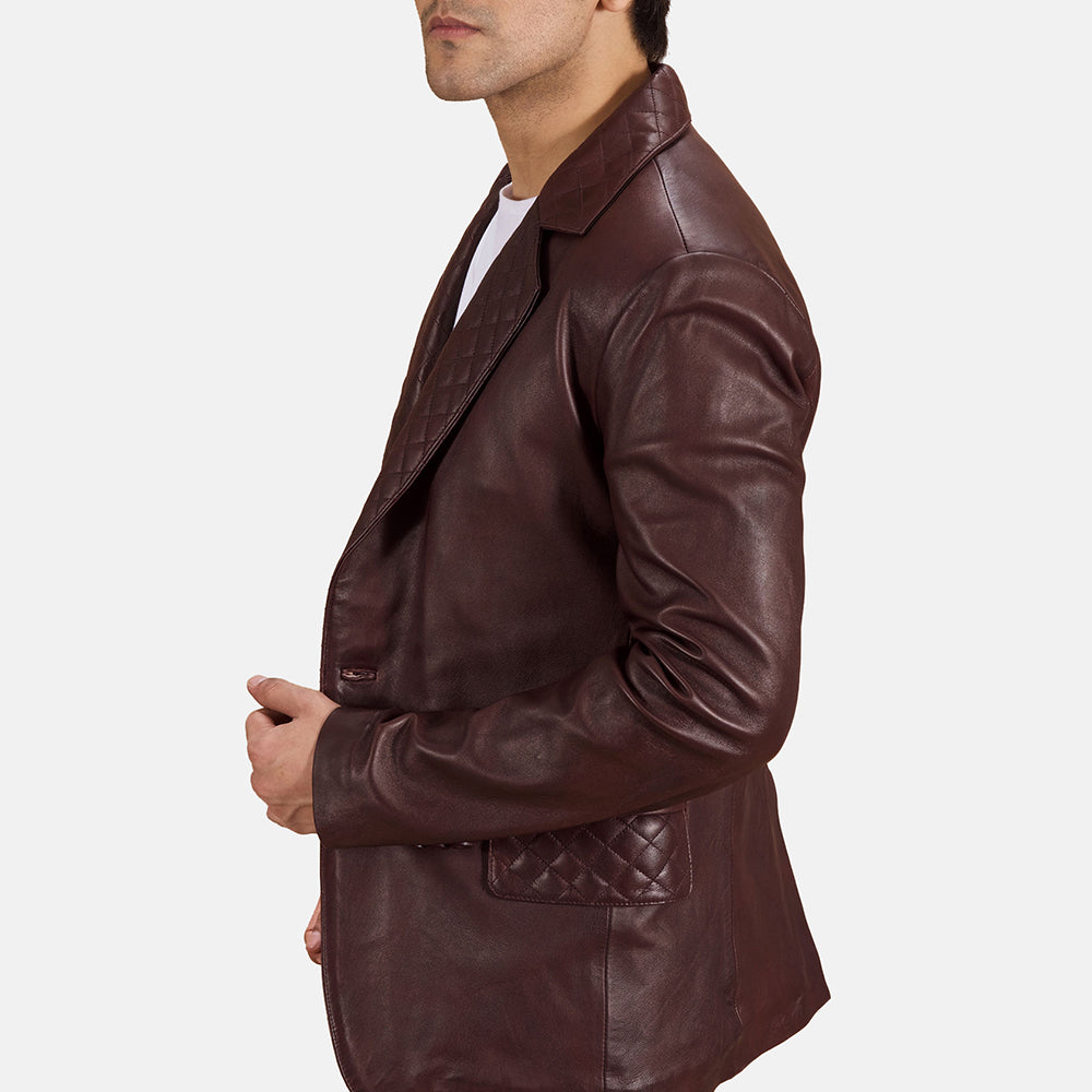 Mens Maroon Leather Quilted Blazer Jacket