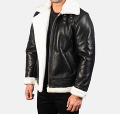 Men’s  B3 Black & White Leather Jacket – Fur-Lined for Ultimate Warmth