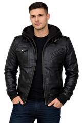 Casual Black Lambskin Bomber Leather Jacket with Removable Hood for Men