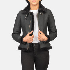 Womens B3 aviator Distressed Black Leather Bomber Jacket