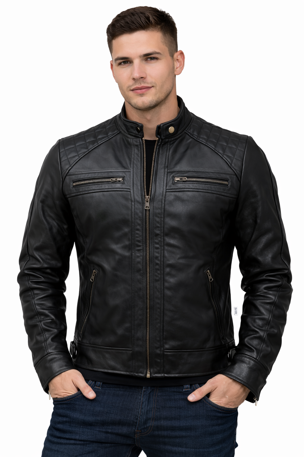 Alligator Motorcycle Black Real Leather Jacket with Quilted Shoulders