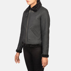 Womens B3 aviator Distressed Black Leather Bomber Jacket