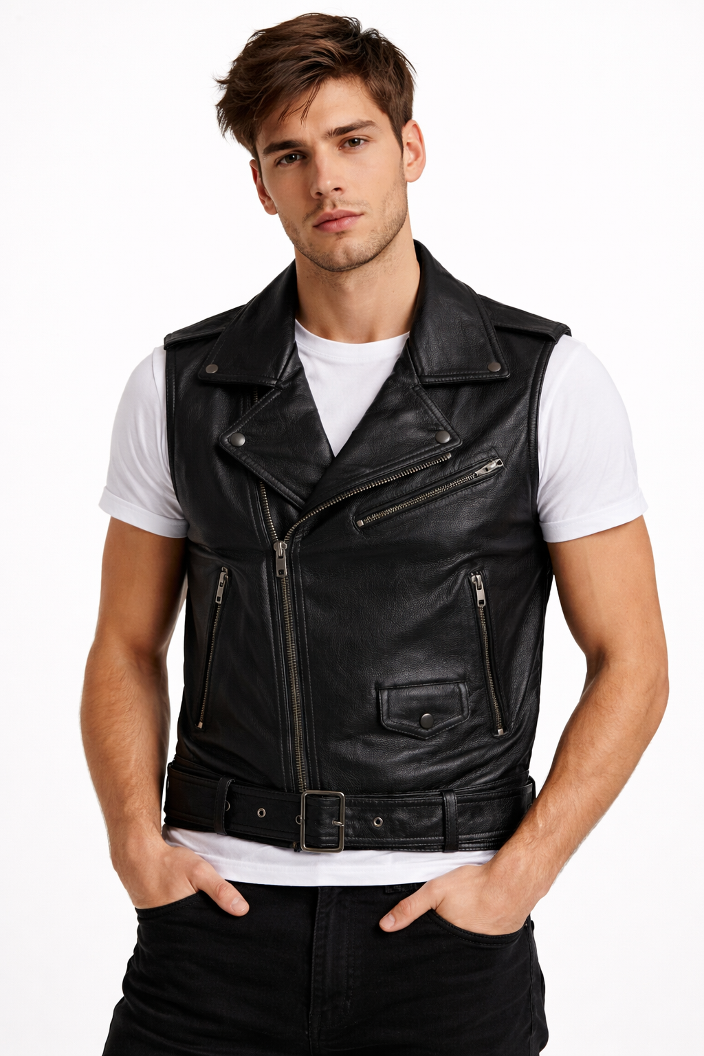 Motorcycle Tan Brown Quilted Genuine Cowhide Leather Vest for Men's