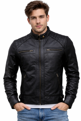 Men's High Quality Cafe Racer Motorcycle Quilted Black Genuine Leather Jacket for Men - Black Vegan Leather Jacket for Men