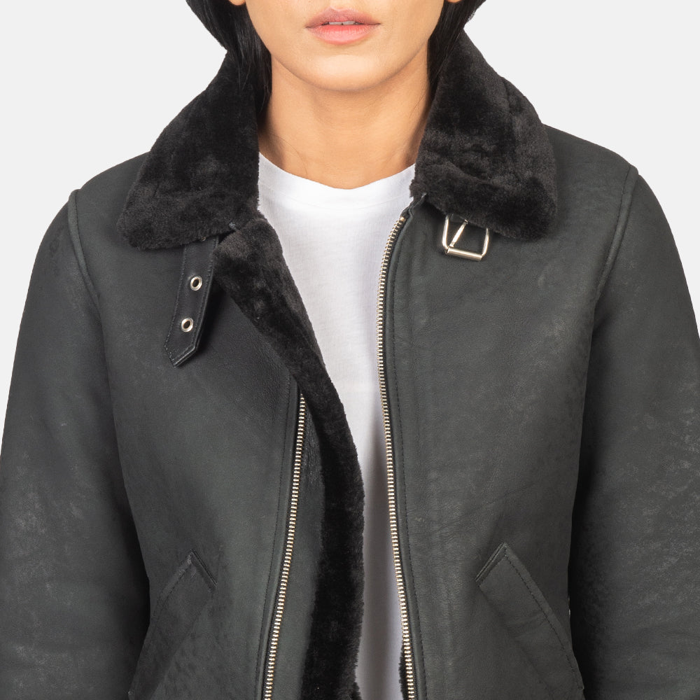 Womens B3 aviator Distressed Black Leather Bomber Jacket