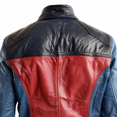 Men’s red and blue genuine sheepskin leather jacket crafted for premium style and comfort.