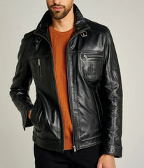 Men's Black Sheepskin Leather Biker Jacket