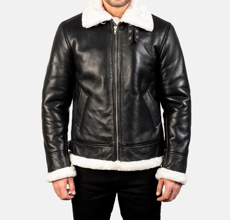 Men’s  B3 Black & White Leather Jacket – Fur-Lined for Ultimate Warmth
