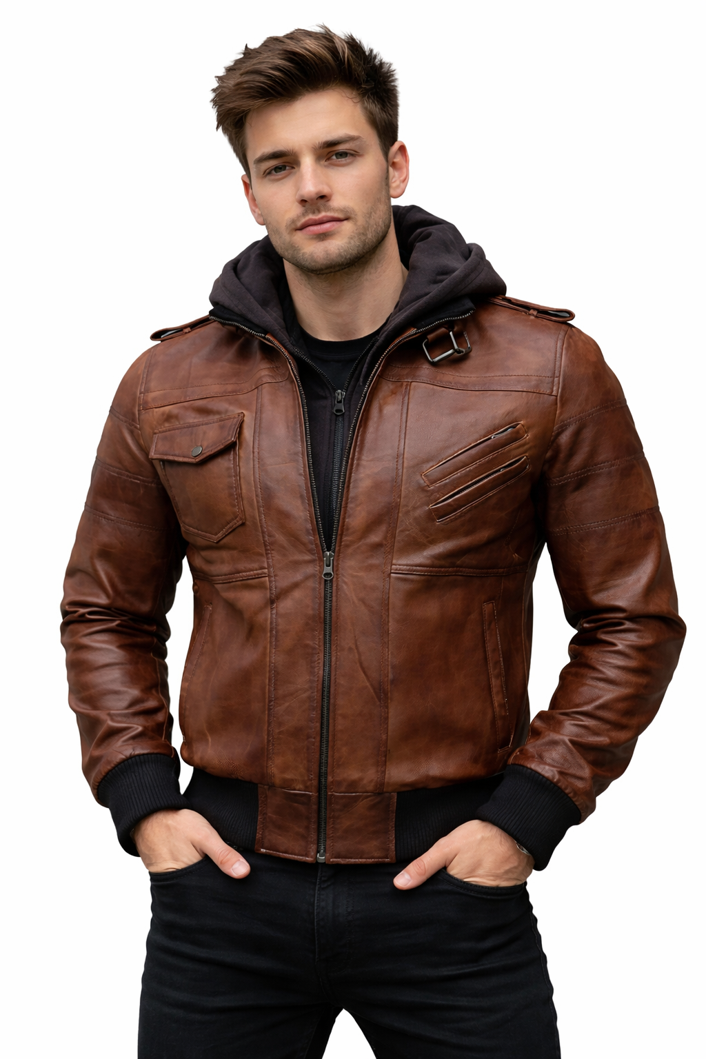 Casual Brown Bomber Leather Jacket with Removable Hood for Men