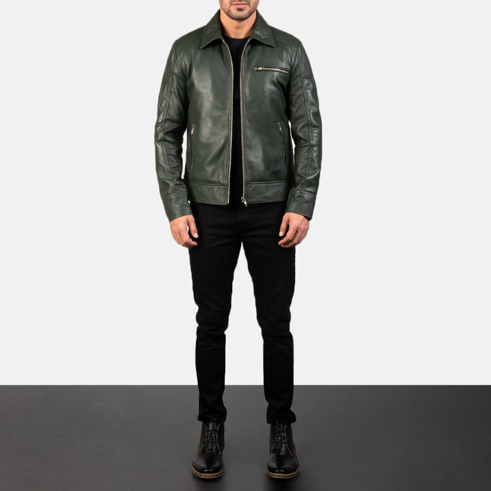 Mens Green Leather Biker Jacket