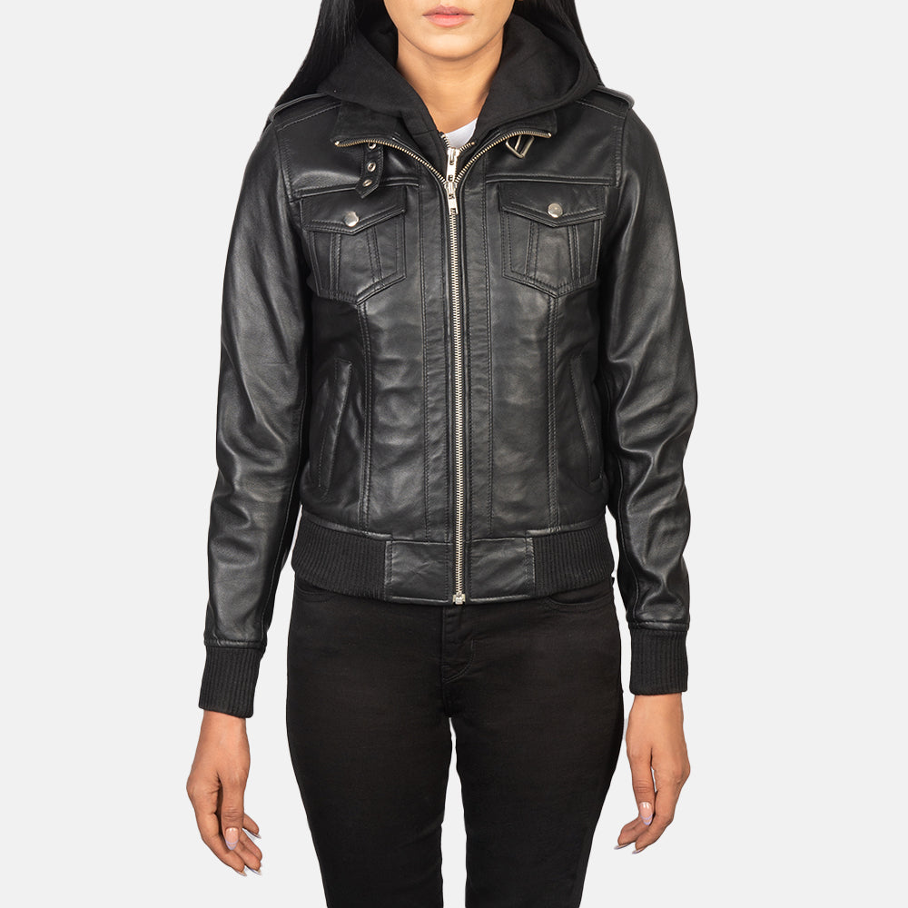 Rosy  Black Hooded Leather Bomber Jacket