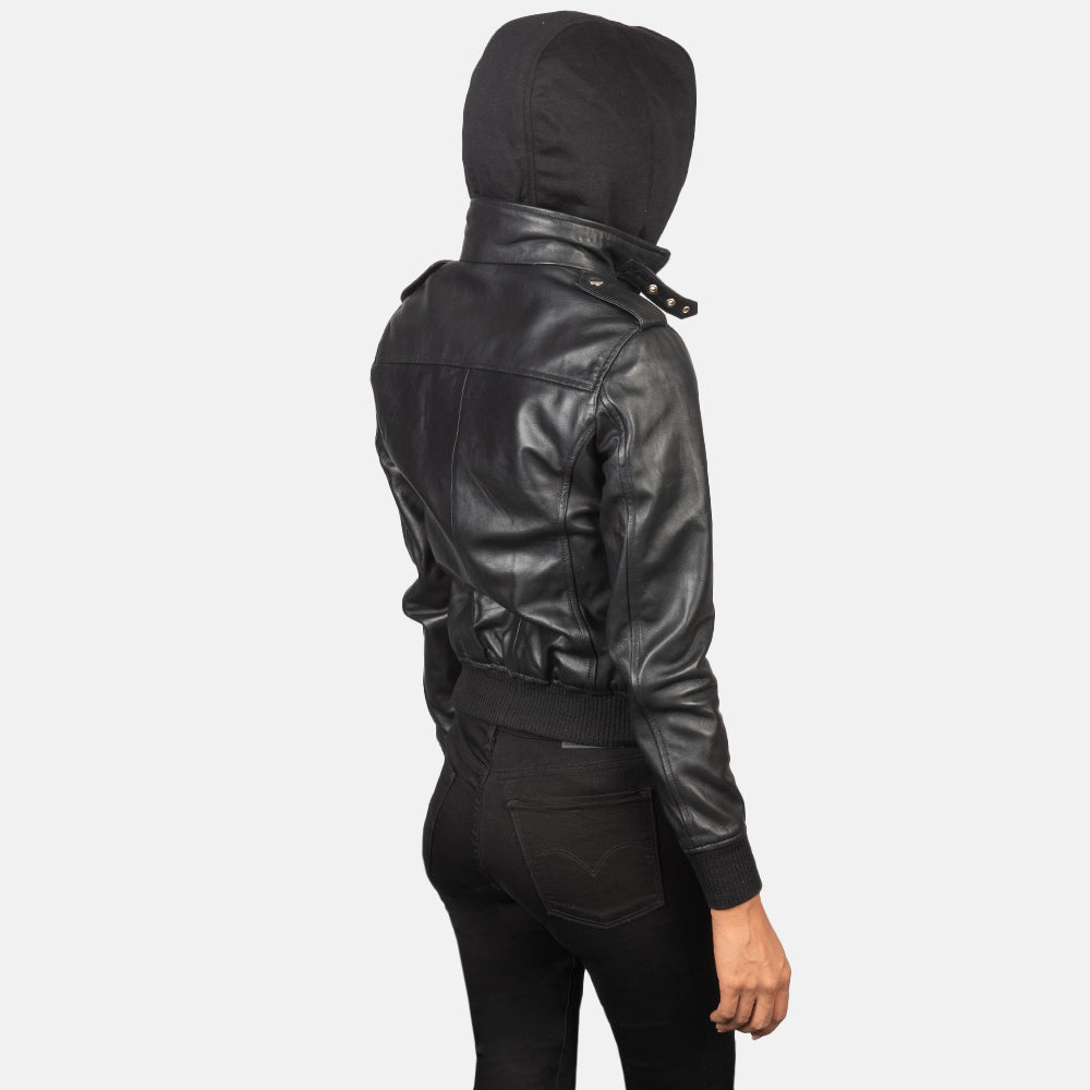 Rosy  Black Hooded Leather Bomber Jacket