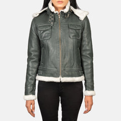 Shearling Green Hooded  Leather women Jacket