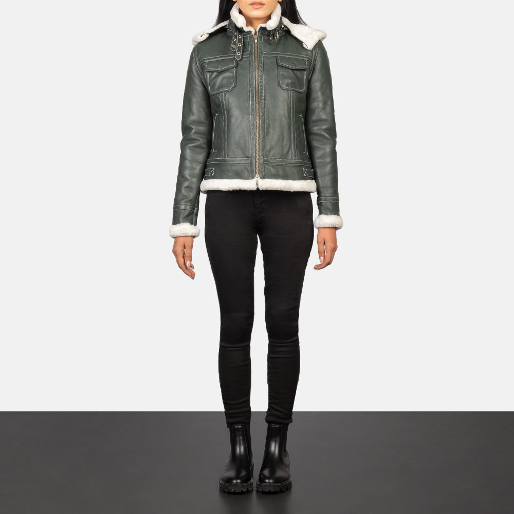 Shearling Green Hooded  Leather women Jacket