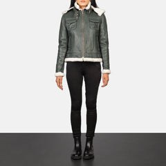 Shearling Green Hooded  Leather women Jacket