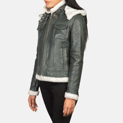 Shearling Green Hooded  Leather women Jacket