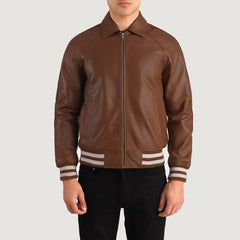 Brown Leather Varsity Jacket for men