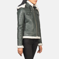 Shearling Green Hooded  Leather women Jacket