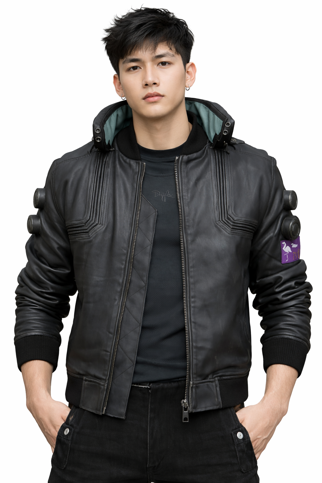 Men’s Charcoal cyber Black Samurai Cyborg Gaming Leather Bomber Jacket