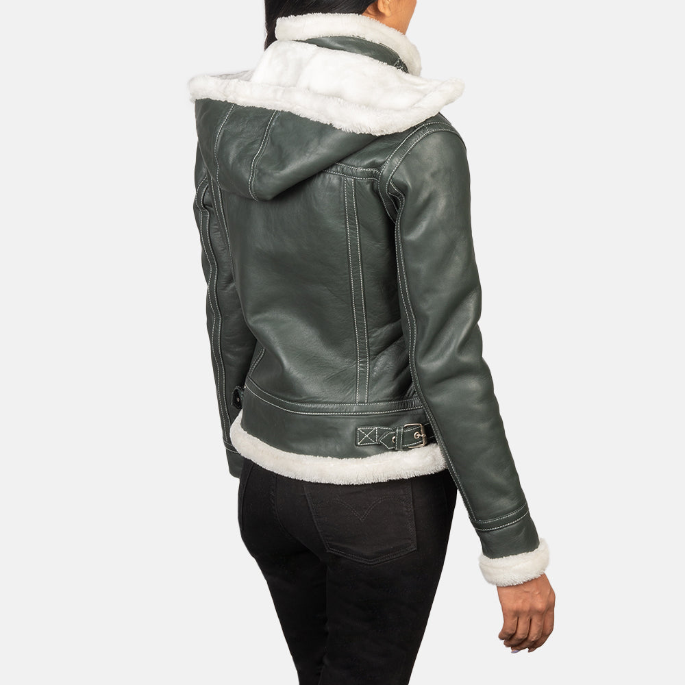 Shearling Green Hooded  Leather women Jacket