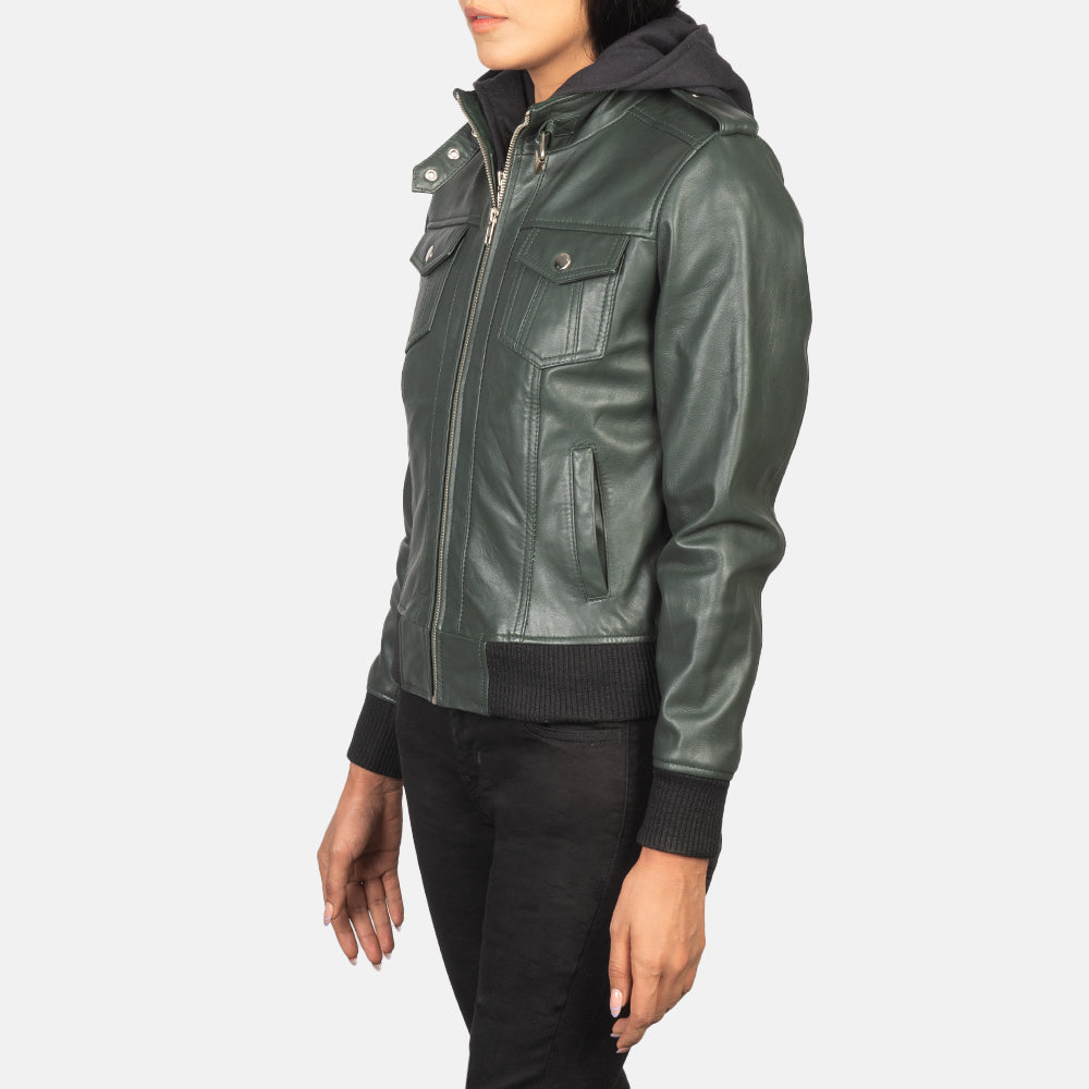 Rosy Green Hooded Leather Bomber Jacket