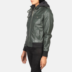 Rosy Green Hooded Leather Bomber Jacket