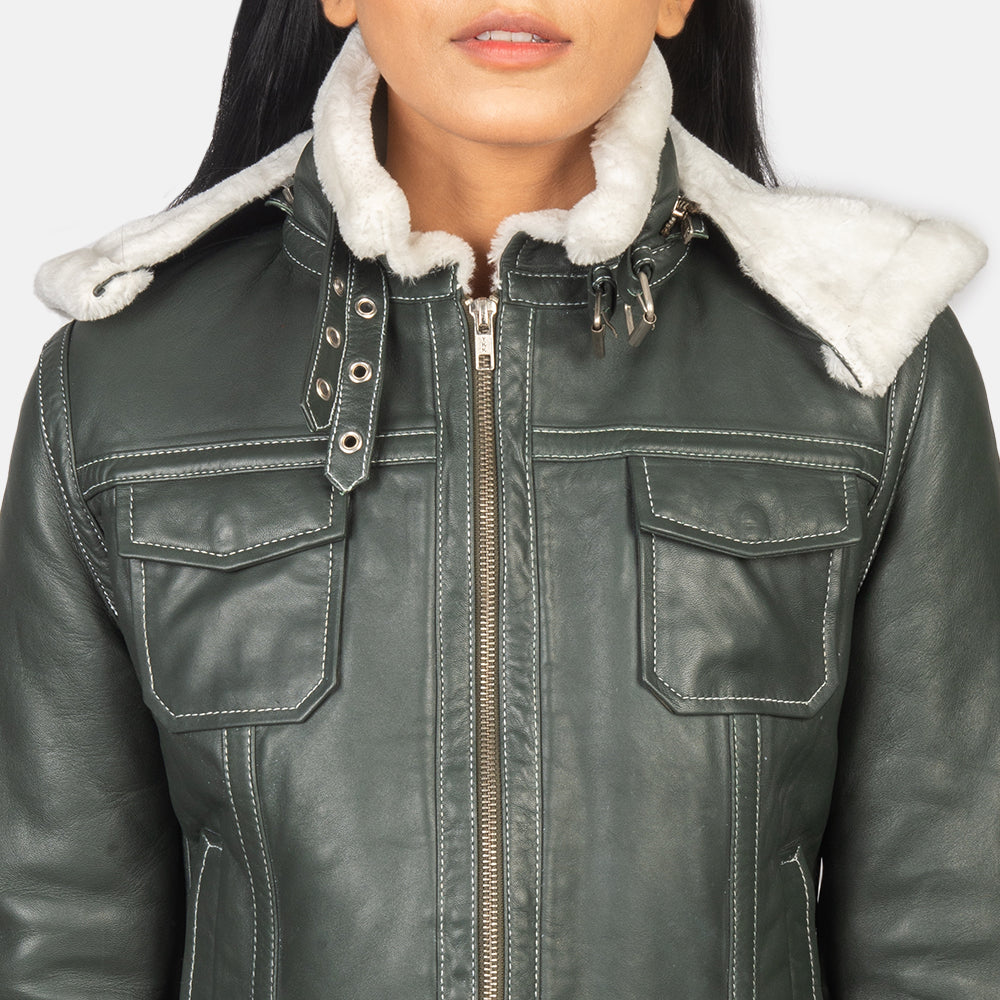 Shearling Green Hooded  Leather women Jacket