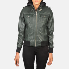Rosy Green Hooded Leather Bomber Jacket