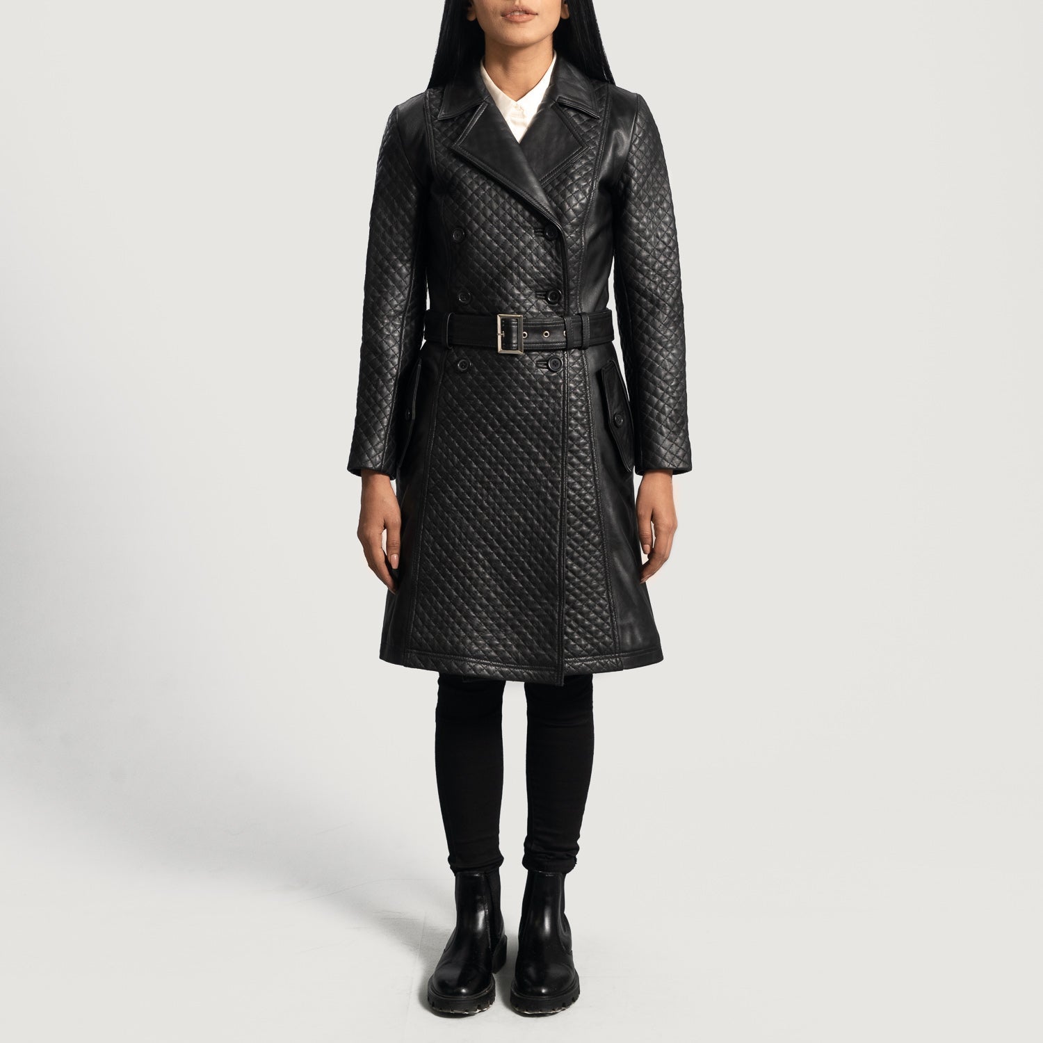 Women Sweet Black Leather Trench Coat