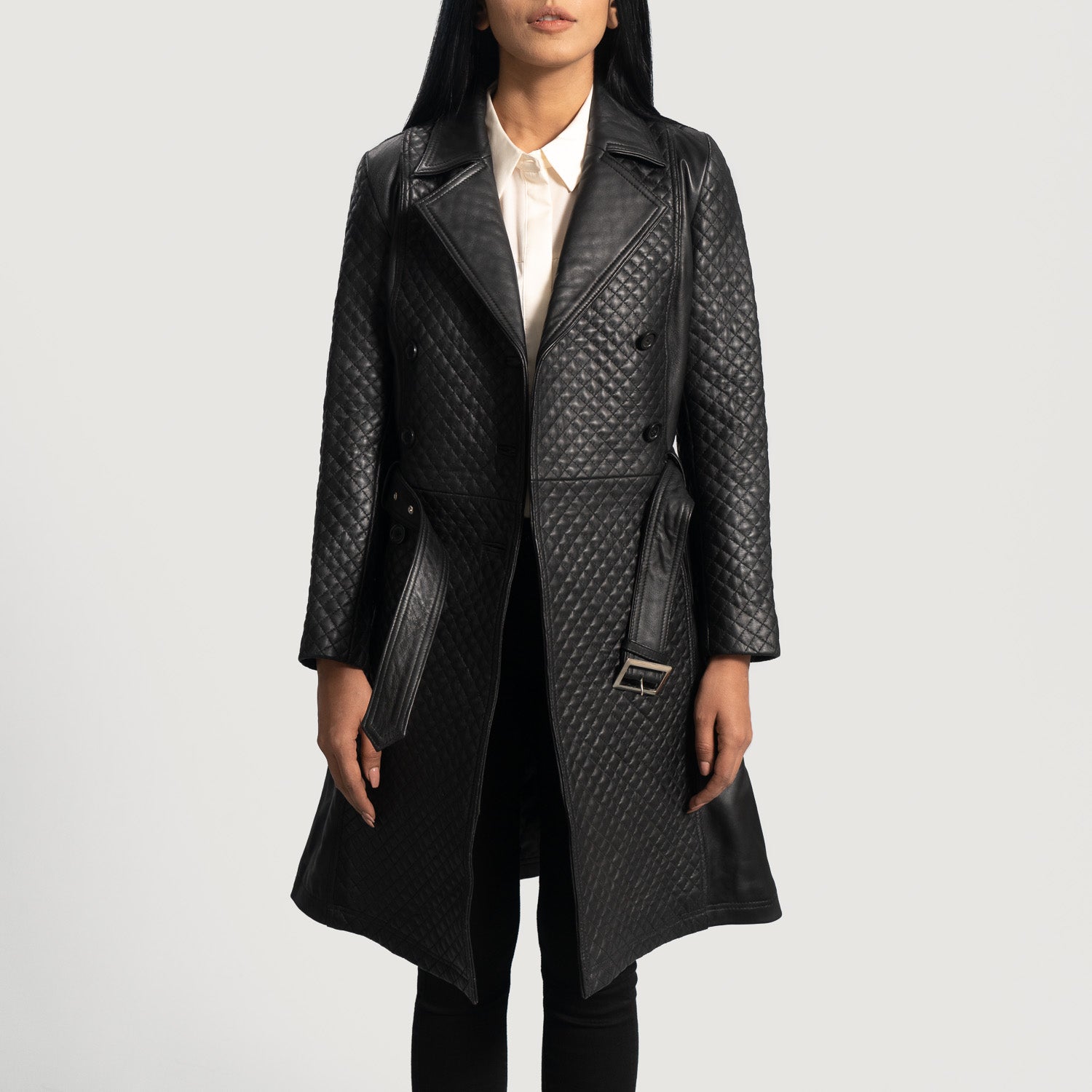 Women Sweet Black Leather Trench Coat
