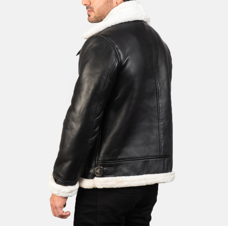 Men’s  B3 Black & White Leather Jacket – Fur-Lined for Ultimate Warmth