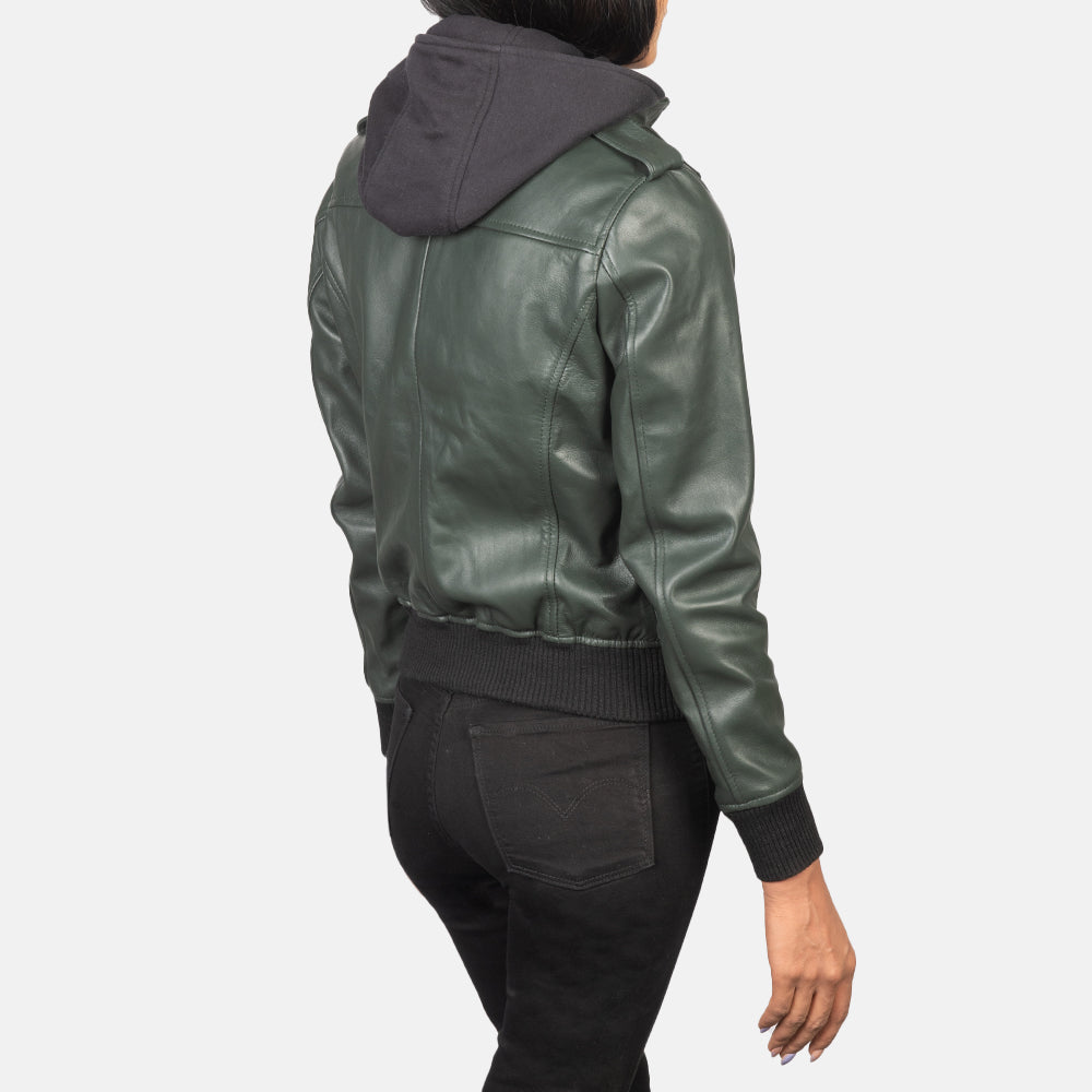Rosy Green Hooded Leather Bomber Jacket