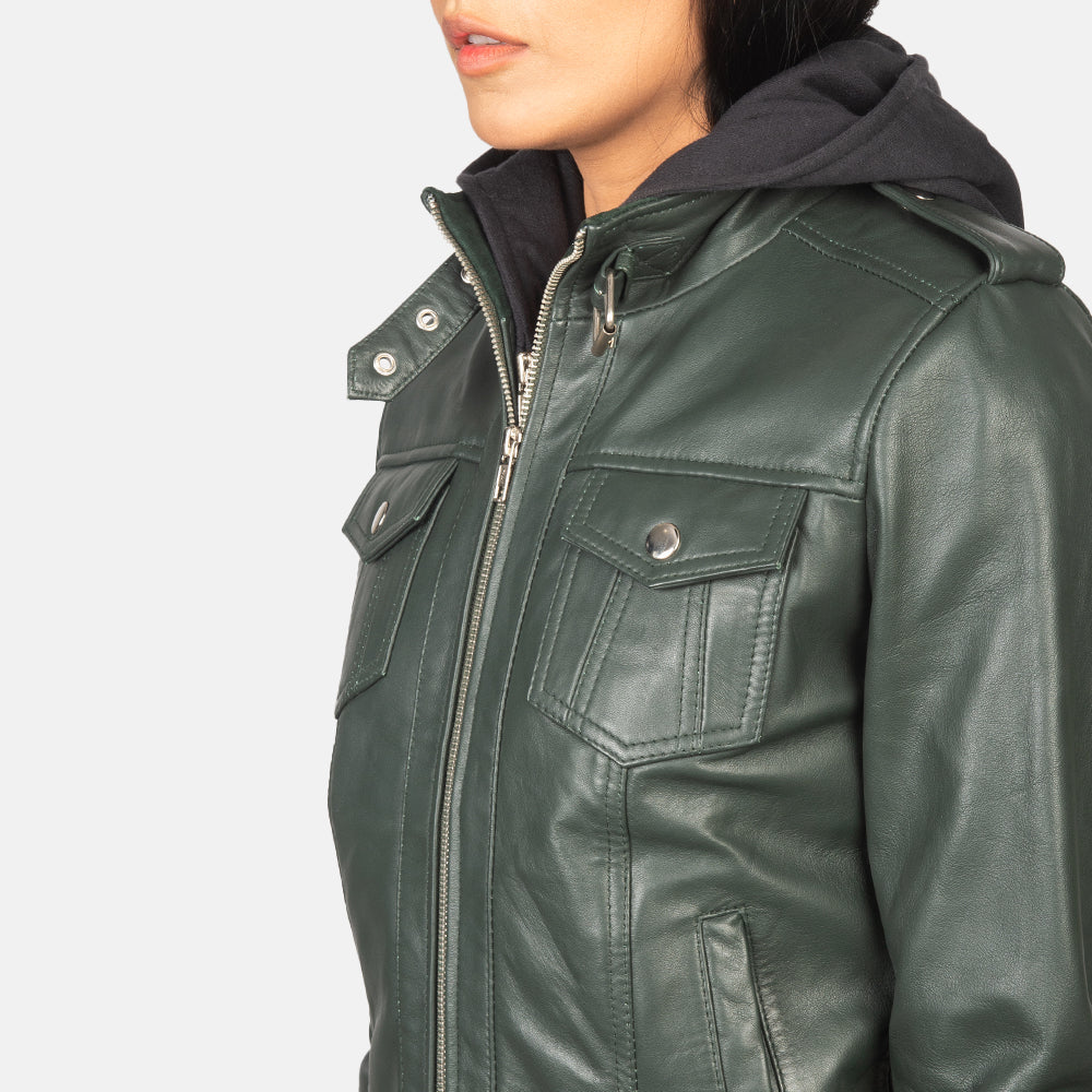 Rosy Green Hooded Leather Bomber Jacket
