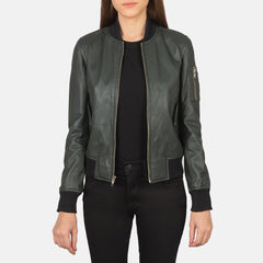 Women Green Leather Bomber Jacket